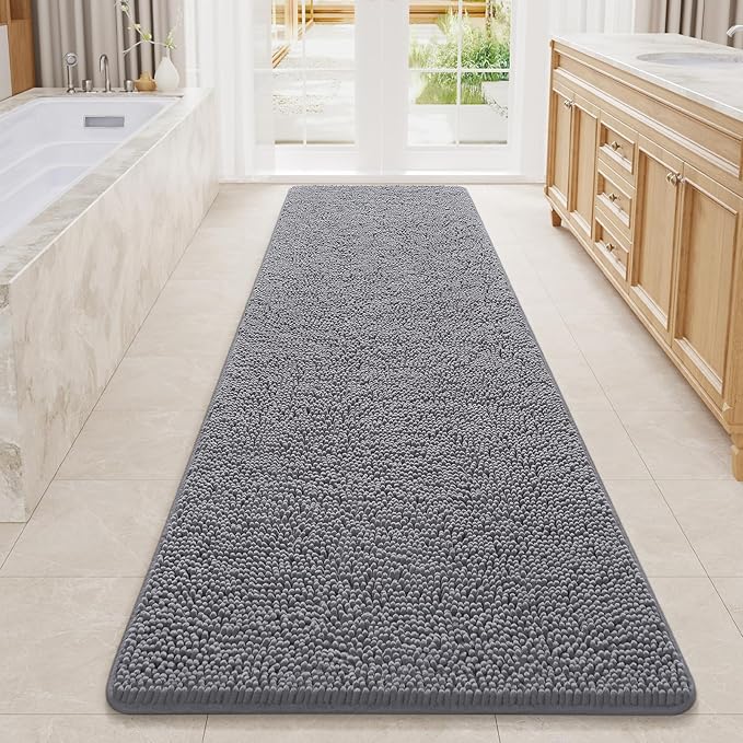 LOCHAS Luxury Bathroom Rug Shaggy Bath Mat 24 x 80 Inch, Washable Non Slip Bath Rugs for Bathroom Shower, Soft Plush Chenille Absorbent Carpets Mats, Grey