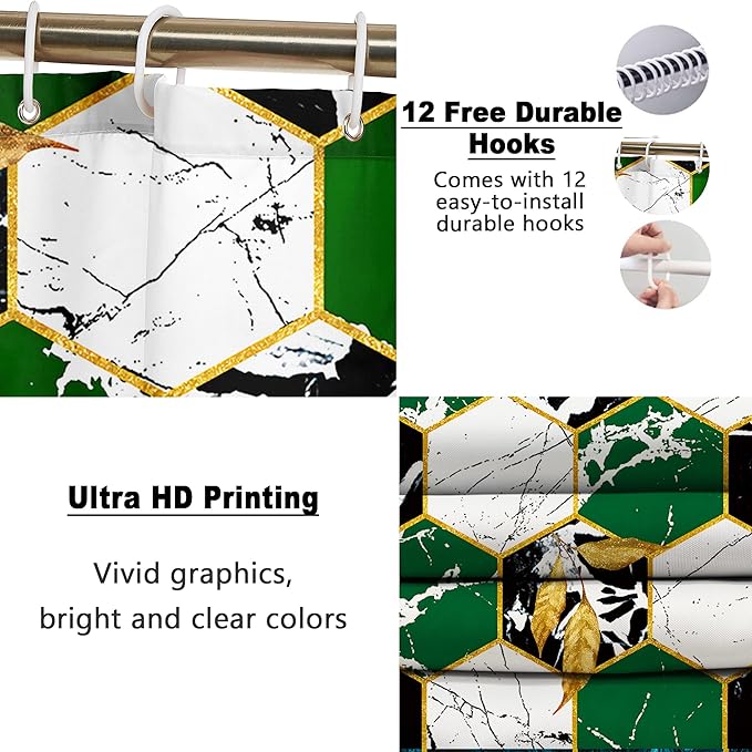 Poedist Shower Curtain Set with Rugs,Bathroom Accessory Set, Including Non-Slip Rugs,Toilet Lid Cover and Bath Mat, Waterproof Shower Curtain with 12 Hooks,Green and White Honeycomb Marble