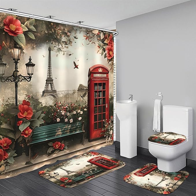 Chrainy 4Pcs Paris Eiffel Tower Shower Curtain Sets Telephone Booth Red Flowers Bathroom Set Decor with Non-Slip Rugs Bath U-Shaped Mat Toilet Lid Cover Floral Curtains Shower Set with 12 Hooks