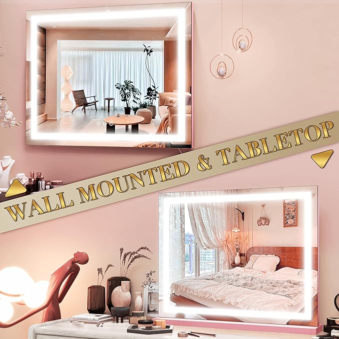 ROLOVE 23"x 18" Pink Vanity Mirror with Lights, Large Lighted Makeup Mirror with 10X Magnifier, 3 Color Lighting & Stepless Dimming, Wall Mounted or Tabletop Desk Mirror for Teen Girls