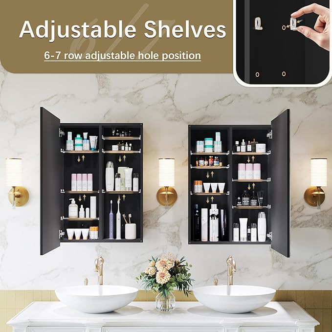 20x30 Medicine Cabinet with Mirror, 6 Adjustable Tempered Glass Shelves, Soft-Close DTC Hinges, Matte Black Aluminum Bathroom Storage, Surface or Recessed Mount, Tempered Beveled Mirror