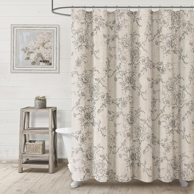 Farmhouse Floral Linen Shower Curtain, Vintage Grey Pattern Rustic Shower Curtains for Bathroom, Tan Taupe,Gray,72x72