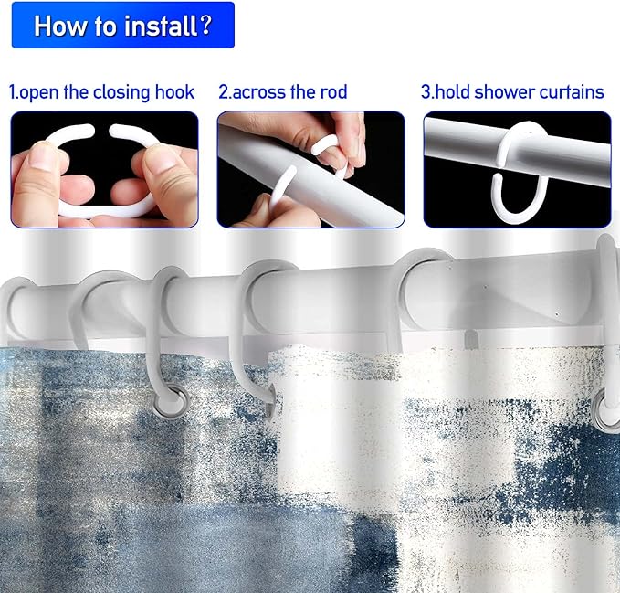 Lnond 4Pcs Grey Bathroom Shower Curtain Sets with Rugs, Blue and Grey Abstract Painting Gray Retro Bathroom Sets with Shower Curtain and Rugs and Accessories