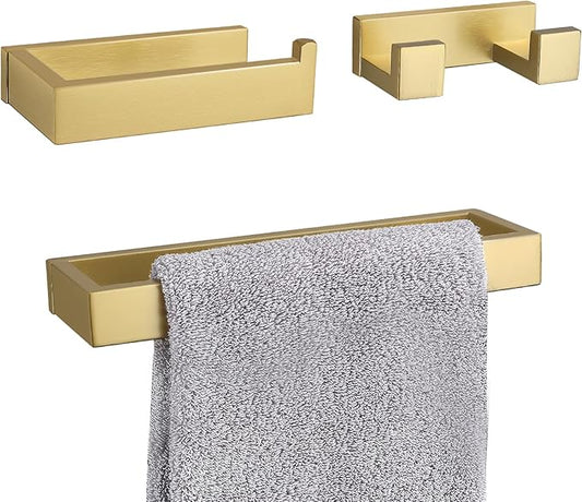 3 Pieces Brushed Gold Bathroom Hardware Accessories Set,SUS304 Stainless Steel Towel Holder Set Towel Holder Robe Hook Toilet Paper Holder Wall Mounted