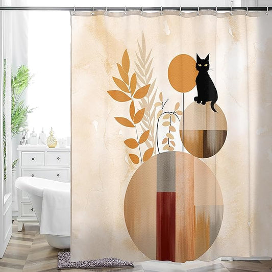 HMS Happy Memories Bohemian Plant Boho Floral Print Shower Curtain, Polyester Fabric Cloth for Bathroom Decor 72×72 Inch Standard Size with 12 Hooks, Also as Room Divider (Leaf Cat)