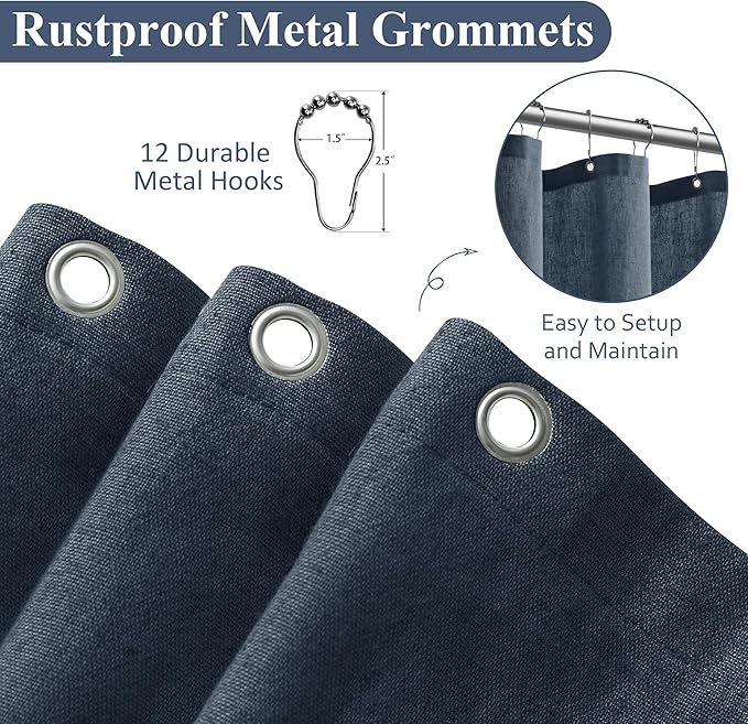 Naturoom Denim Blue Linen Shower Curtain, Country Boho Farmhouse Bath Decor Shower Curtains Neutral Cloth Weighted Textured Fabric Bath Curtain Liner with Hooks, 72x80
