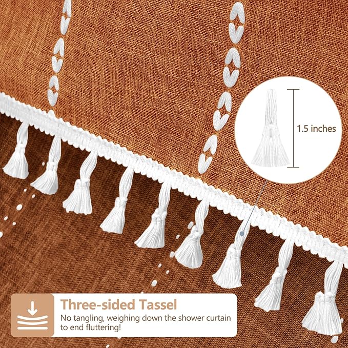72 x 76 inch Extra Long Boho Chic Shower Curtain Heavyweight with Tassels, Sunset Orange Linen Textured Fabric Farmhouse Shower Curtain, Elegant White Striped Bathroom Curtain Water Repellent