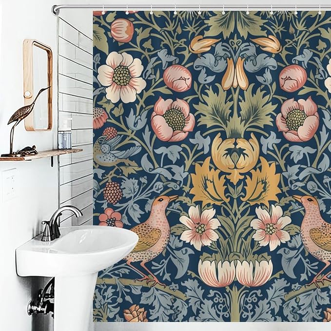 William Morris Shower Curtain,Original Design Vintage Flower Birds Elegant Animal Pattern Print Shower Curtains Sets Polyester Waterproof Fabric Decor Bathroom Curtain 66"×72" Inch With 12 Hooks