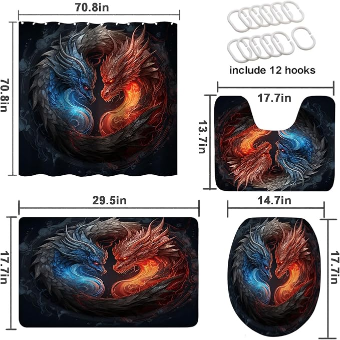4 Pcs Dragon Shower Curtain Set with Rug, Toilet Lid Cover and Bath Mat, Abstract Magic Animal Fire and Ice Dragon Bathroom Decor Sets Accessories with 12 Hooks