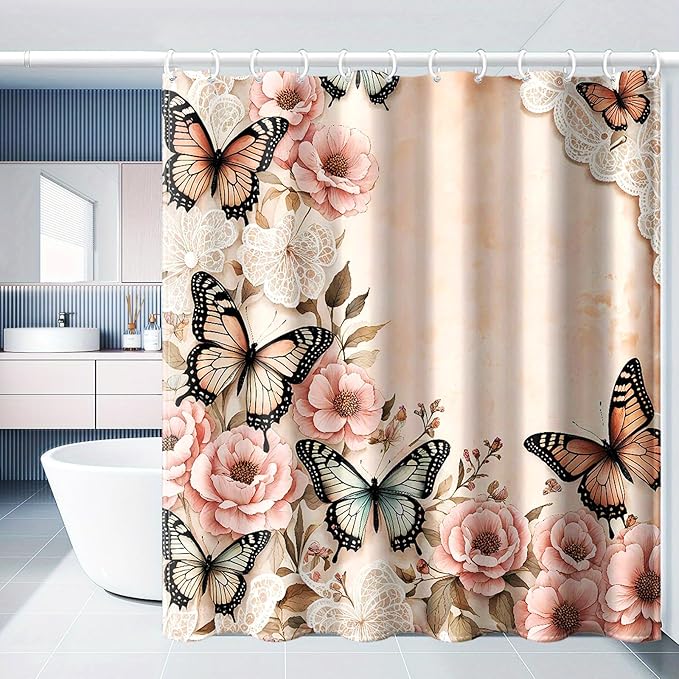 Dreamrflove Butterfly Shower Curtain, 1-Pack Pink Floral Shower Curtain, Butterfly Floral Bathroom Decor, 72x72 Inch Waterproof Polyester Insulated Home Decor