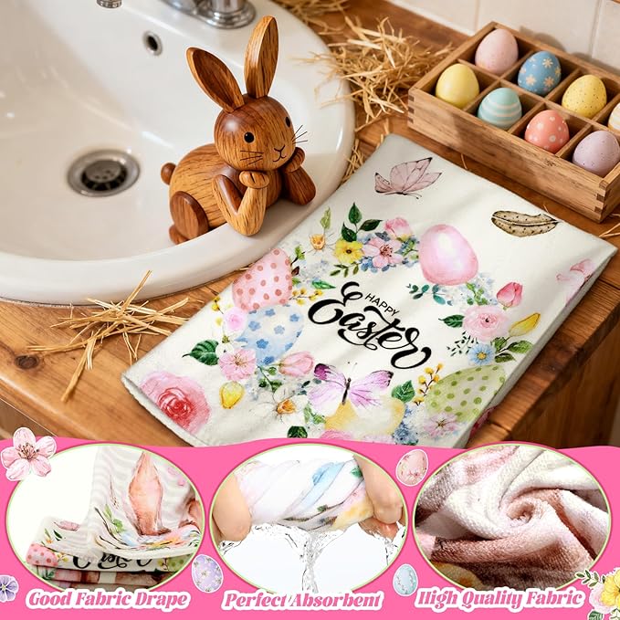 FuWeave 8 Pcs Happy Easter Shower Curtain Set for Bathroom Include Spring Floral Bunny Egg Shower Curtain Towels Non Slip Rugs Toilet Lid Cover Bath Mat and 12 Hooks for Bathroom Decor