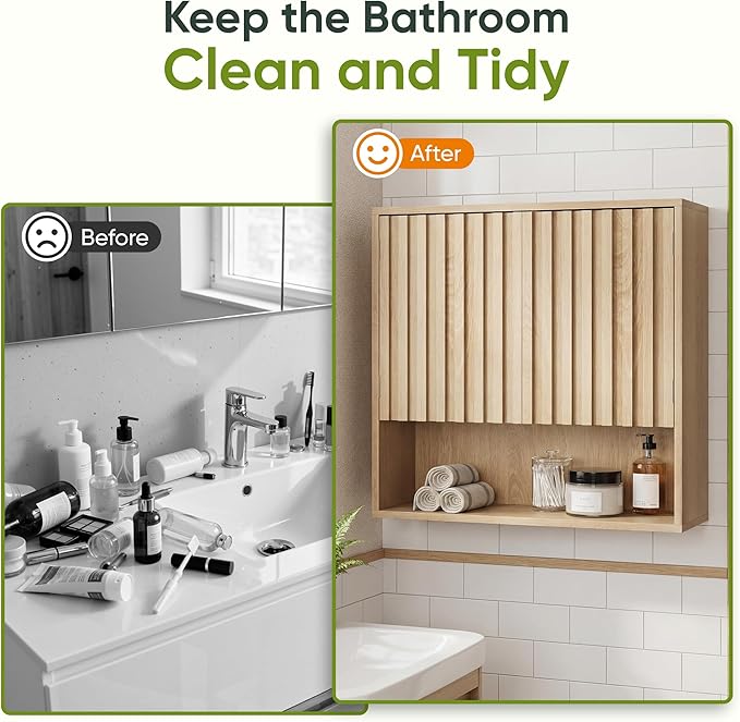 Smart FENDEE Bathroom Wall Storage Cabinet with Fluted Doors, Medicine Cabinet with Adjustable Shelf, Over The Toilet Storage Cabinet for Laundry Room & Kitchen & Living Room, Natural Oak