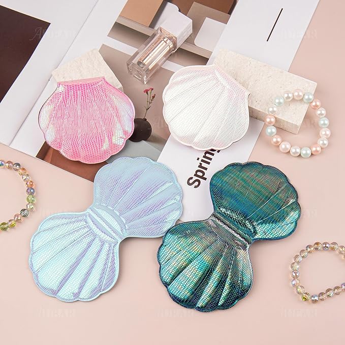 AUEAR, 4 Pack Glitter Shell Double-Sided Magnification Makeup Mirrors Colors Handheld Compact for Purse Handbag Pocket