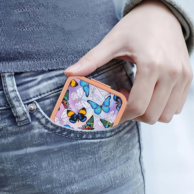 Compact Mirror for Purse, Double-Sided 1X/2X Magnifying Metal Pocket Makeup Mirrors(Square, Rose Gold Butterfly)