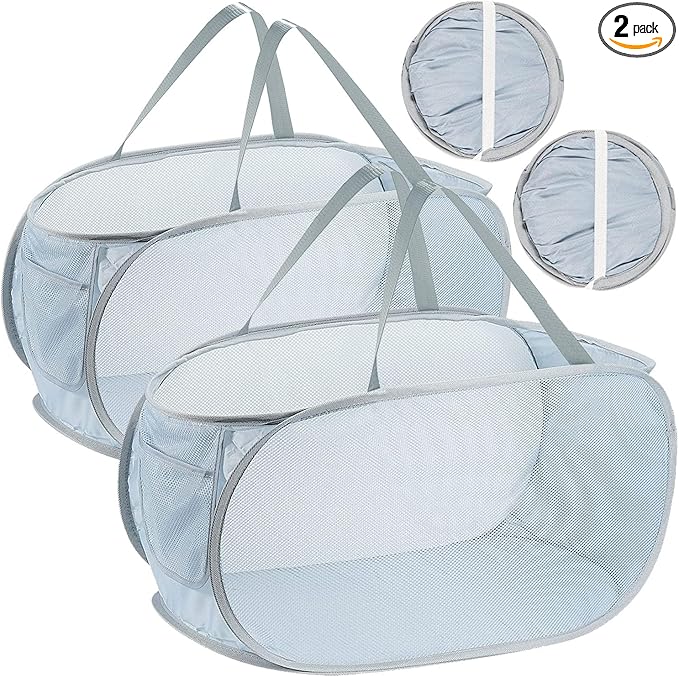 2 PCS Mesh Laundry Hamper,Collapsible Laundry Baskets,75L Large Foldable Dirty Clothes Hamper Storage Basket Horizontal with Side Pocket&carry Handle for Home,Travel grey