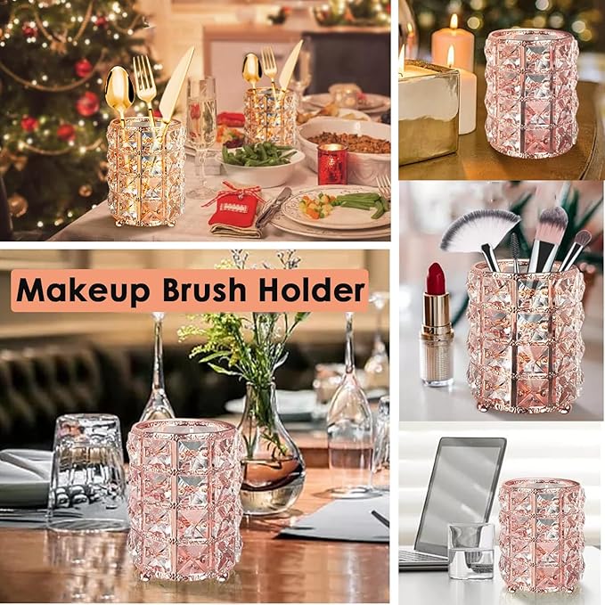 AKOAK 1 Pack Crystal Makeup Brush Holder Office Supplies Storage Rack Eyebrow Pencil/Lipstick/Pencil Makeup Container, Dressing Table, Bedroom, Office (Rose Gold)