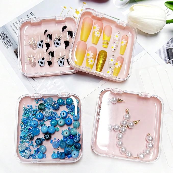 12pcs Press on Nail Storage Box with 60 Pcs Adhesive Tape Acrylic Nail Display Box Artificial False Nail Box Organizer Fake Nail Case Transparent Nail Packaging Boxes (12pcs Pink Nail Box)