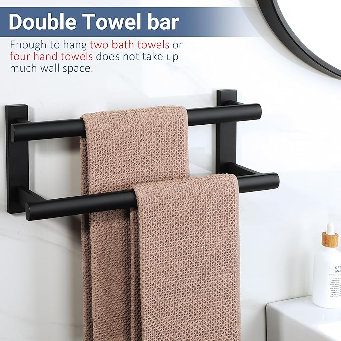 SAYAYO Towel Rack for Bathroom, 16 Inch Matte Black Double Towel Bar Towel Holder Wall Mount, SUS304 Stainless Steel