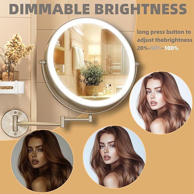 8.5" Wall Mounted Makeup Mirror with Light, 2000mAh Rechargeable Double Sided 1X / 10X Magnifying Vanity Mirror, 3 Color Lights Touch Dimmable 360° Rotation Bathroom Mirror, Nickel