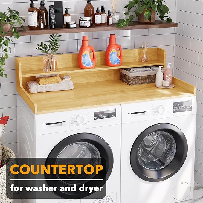 SpaceAid Washer Dryer Countertop with 2-Tier Shelf, Wood Topper with Edge, 54" Width x 27.5" Depth Cover Organizer Guard for Washer and Dryer Counter Laundry Hamper Storage (Maple Wood)