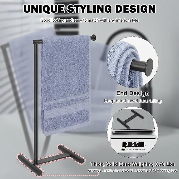 Livabber L-Shape Hand Towel Holder Stand, Metal Hand Towel Rack Modern Countertop Hand Towel Ring Standing Towel Bar for Bathroom Kitchen Vanity (Black)