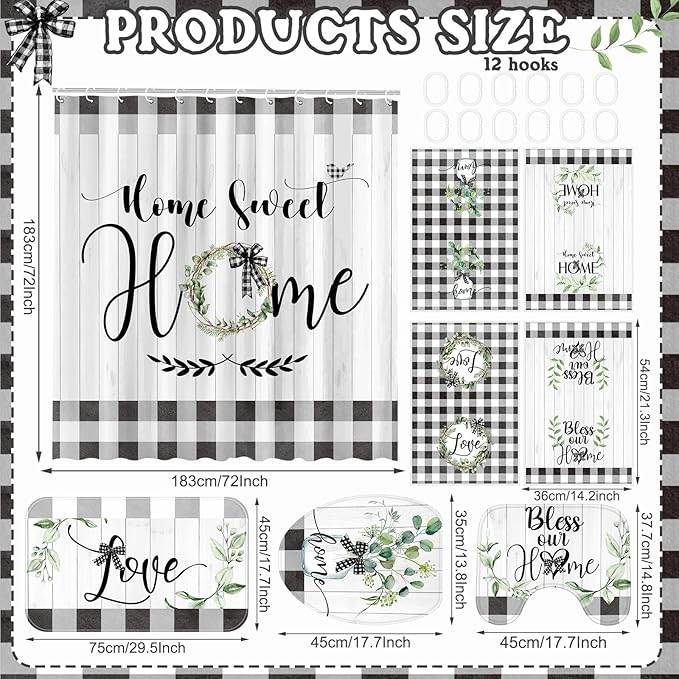 FuWeave 8 Pcs Black and White Shower Curtain Sets for Home Bathroom Green Eucalyptus Decor Rustic Plaid Bathroom Accessories Shower Curtain Sets with Towels Carpet Bath Mat Toilet Rugs and 12 Hooks