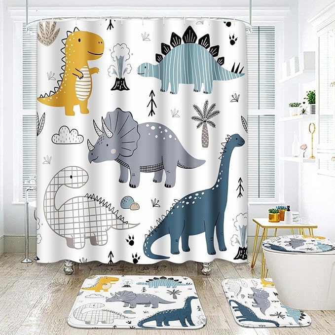 ArtSocket Dinosaur Bathroom Set with Shower Curtain and Rugs Accessories, Cute Kids Dino Dragon Shower Curtain, Kids Dinosaur Bathroom Decor 4 Pcs