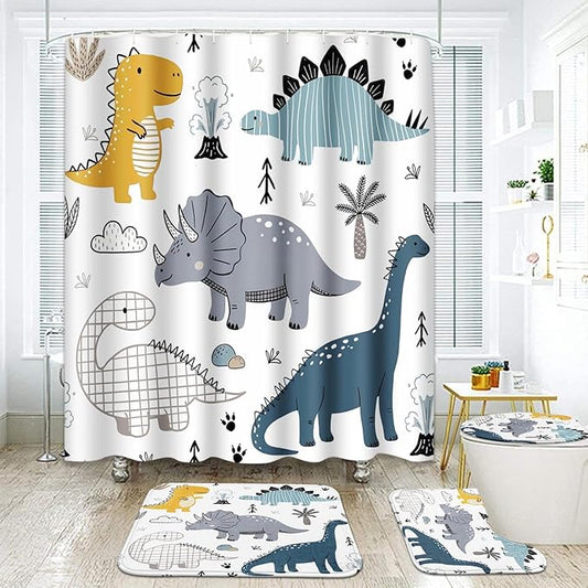 ArtSocket Dinosaur Bathroom Set with Shower Curtain and Rugs Accessories, Cute Kids Dino Dragon Shower Curtain, Kids Dinosaur Bathroom Decor 4 Pcs