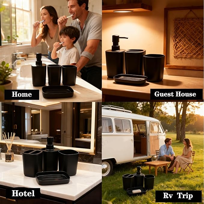 Matte Black Bathroom Accessories Set, 4-Piece Plastic Bathroom Decor Set with Soap Dispenser, Toothbrush Holder, Rinse Cup & Soap Dish, Countertop Bathroom Organizer