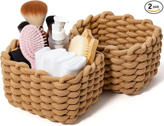 Storage Baskets 2 Pack, Macrame Woven Decorative Baskets for Vanity, Desk, Bathroom & Bedroom Organizer, Small Boho Cotton Rope Bins for Cosmetics, Office Supplies, Cream & Khaki, 7x5.5x5 Inches