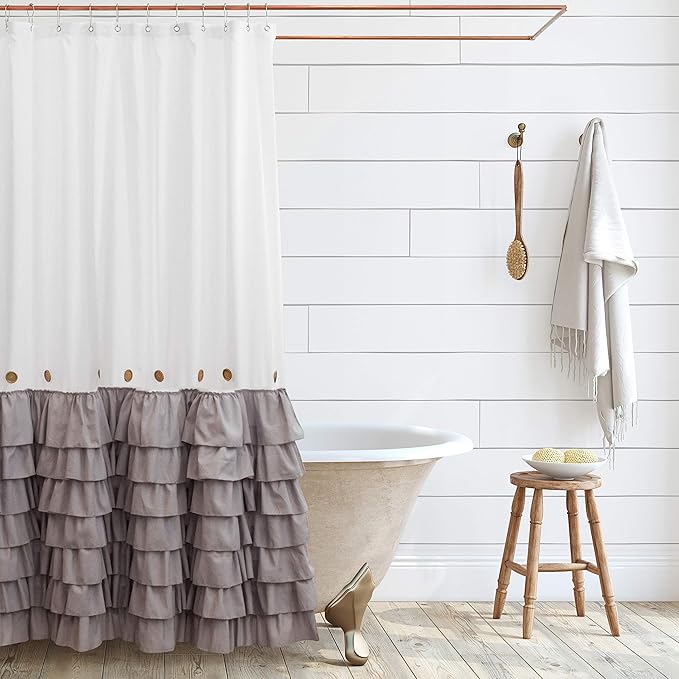 Shaina White and Gray Farmhouse Shower Curtain 72 x 72 with Shabby Chic Ruffles and French Country Style Buttons - Modern Farmhouse Shower Curtain Fabric (Gray)