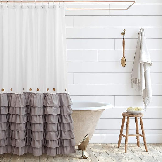 Shaina White and Gray Farmhouse Shower Curtain 72 x 72 with Shabby Chic Ruffles and French Country Style Buttons - Modern Farmhouse Shower Curtain Fabric (Gray)