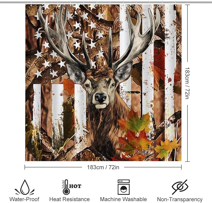 Rustic Deer Camouflage Deer Elk 4 Piece Shower Curtain Sets, Non-Slip Rugs, Toilet Lid Cover and Bath Mat, Durable and Waterproof, for Bathroom Decor Set One Size