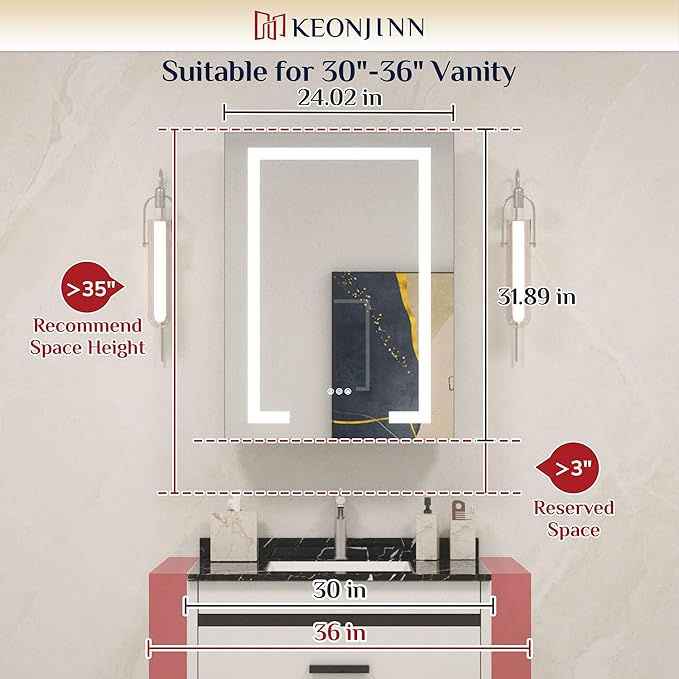 Keonjinn 24 x 32 Medicine Cabinet with Lights, LED Medicine Cabinet with Defogger and Outlets 3 Colors Dimmable with UL Listed LED Driver, Tempered Glass Surface/Recessed Mount Mirror with Storage
