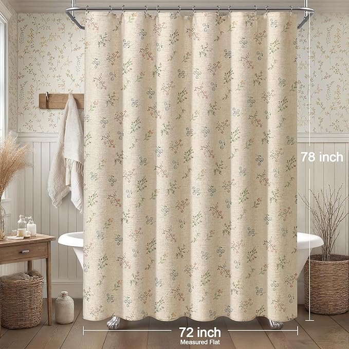 Floral Vintage Linen Shower Curtain, French Country Shower Curtains for Bathroom, 72Wx78H
