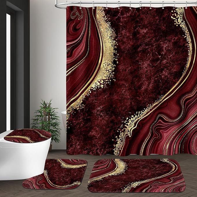4PCS Burgundy Red Marble Bathroom Sets with Shower Curtain and Rugs, Abstract Gold Shower Curtain Sets with Rugs, Bathroom Curtains Shower Set with Toilet Lid Cover Accessories