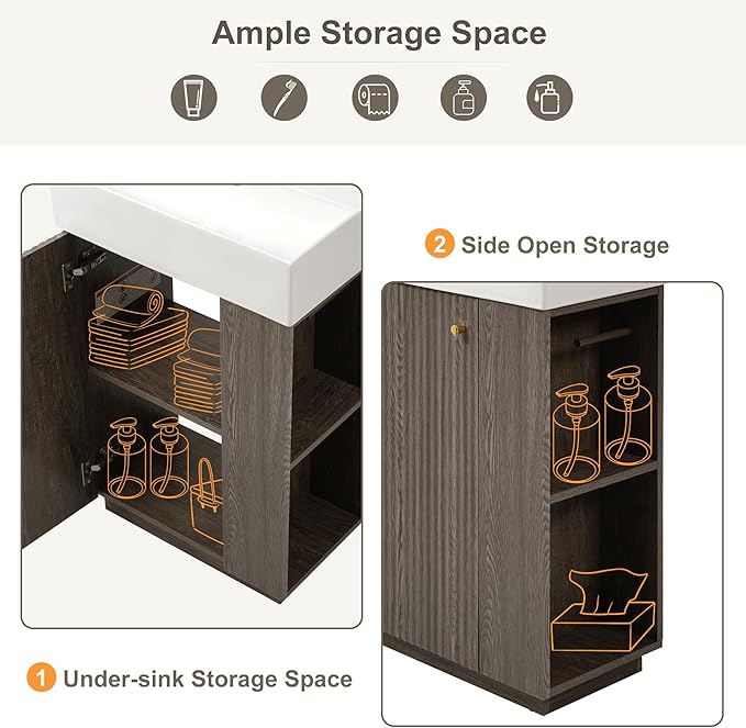 Virubi 21.6" Small Fluted Bathroom Vanity with Sink,Soft Closing Doors and Storage Shelves,Natural Wood Single Bathroom Sink Cabinet Combo Freestanding,Dark Grey
