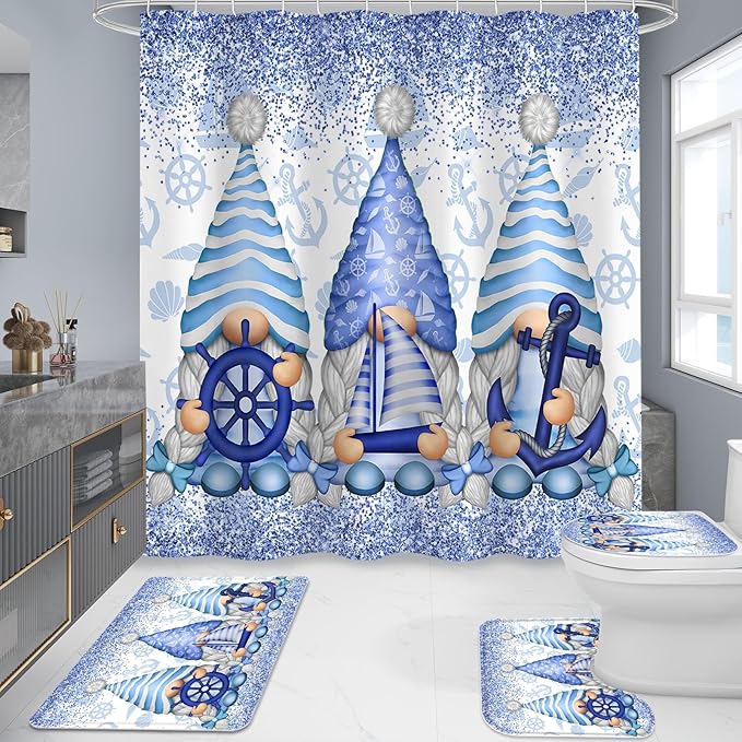 Litabel 4 Pcs Winter Gnomes Shower Curtain Set with Non-Slip Rugs, Toilet Lid Cover and Bath Mat, Nautical Marine Bathroom Decor Set with Shower Curtain and Rugs(Hooks Not Included)