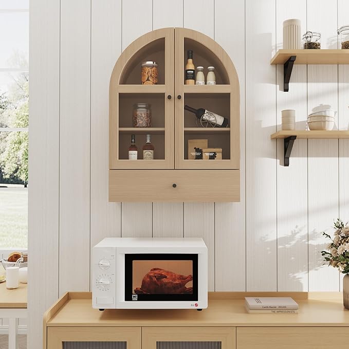 BOSHIRO Arched Bathroom Wall Cabinet with Drawer,Over The Toilet Storage Cabinet, Medicine Cabinet with Glass Door for Living Room, Kitchen（Natural Wood Color）