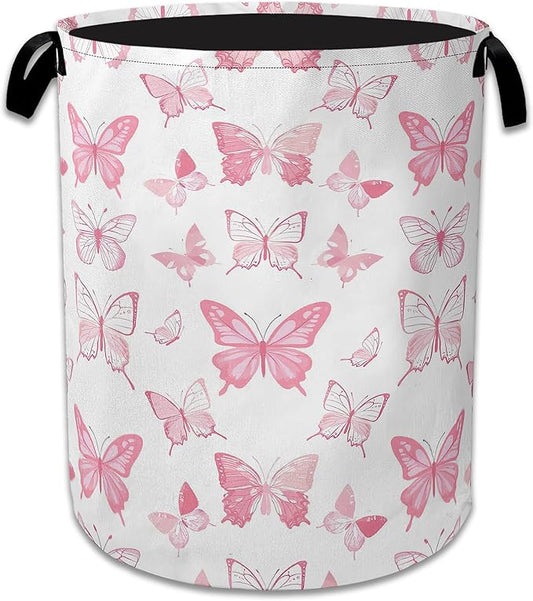 Pink Butterfly Laundry Basket Collapsible Laundry Hamper Clothes Toy Storage Bin for Bathroom Bedroom Room Decor 16" X 20.8"