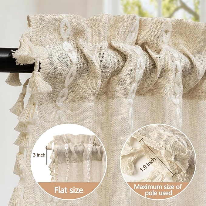 Boho Farmhouse Linen Valance Curtain, 52x18 inch Soft Light Filtering & Privacy Window Valance with Tassels for Living Room Kitchen Bathroom, Rod Pocket, Beige Cream