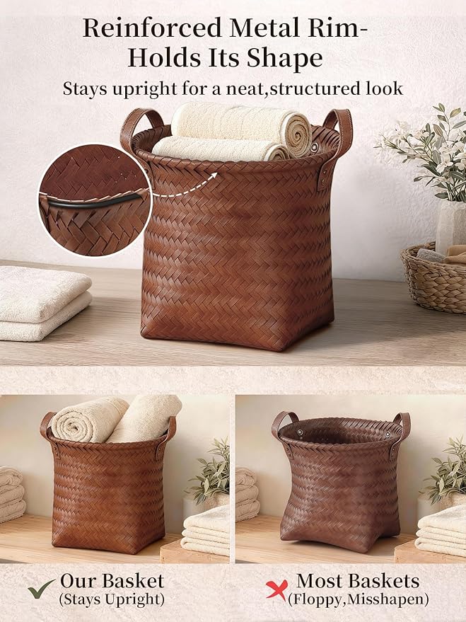 Hand Woven Baskets for Storage, 4Pcs Water-Resistant Wicker Baskets, Brown Wicker Storage Baskets for Shelves, Large Basket with Handle for Organizing, Closet, Laundry, Blanket - Round