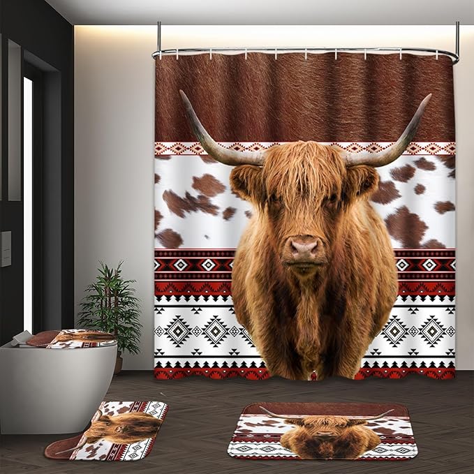 Western Highland Cow Shower Curtain Set with Toilet Lid Cover and Non-Slip Rugs, Cowhide Print Rustic 4 Pcs Shower Curtain with 12 Hooks, Farmhouse Bathroom Set with Rugs and Accessories