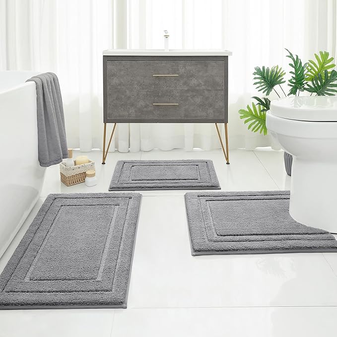 HOMEIDEAS Bathroom Rugs Sets 3 Piece, Super Soft and Absorbent Non Slip Microfiber Toilet Bath Mat with U-Shaped (Grey)