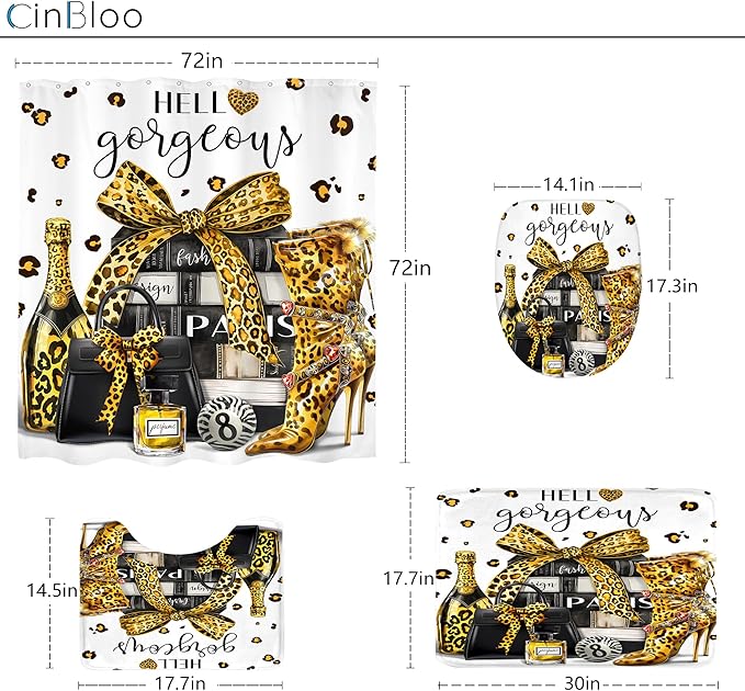 Cinbloo 4Pcs Gold Black Leopard Shower Curtain Set, Luxury Cheetah Bathroom Curtain with Rug, Toilet Lid Cover, Bath Mat, Fashion Magazine Books Perfume High Heels Girly Shower Curtain with 12 Hooks