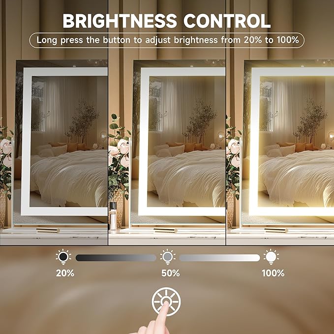 Hasipu Vanity Mirror with Lights, 19.6" x 15.7" LED Makeup Mirror, 3 Color Modes Touch Control and Brightness Adjustment Lighting Mirror, 10X Magnifying Glass, 360° Rotation