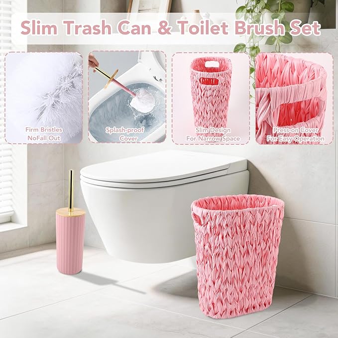 Bathroom Accessory Set, 10 Pieces Bath Set- Wicker Trash Can Tissue Box Soap Dish Toothbrush Holder Rinse Cup Lotion Bottle Toilet Brush Qtip Holder - Practical Bathroom Decor Sets (Pink, Bath Set)