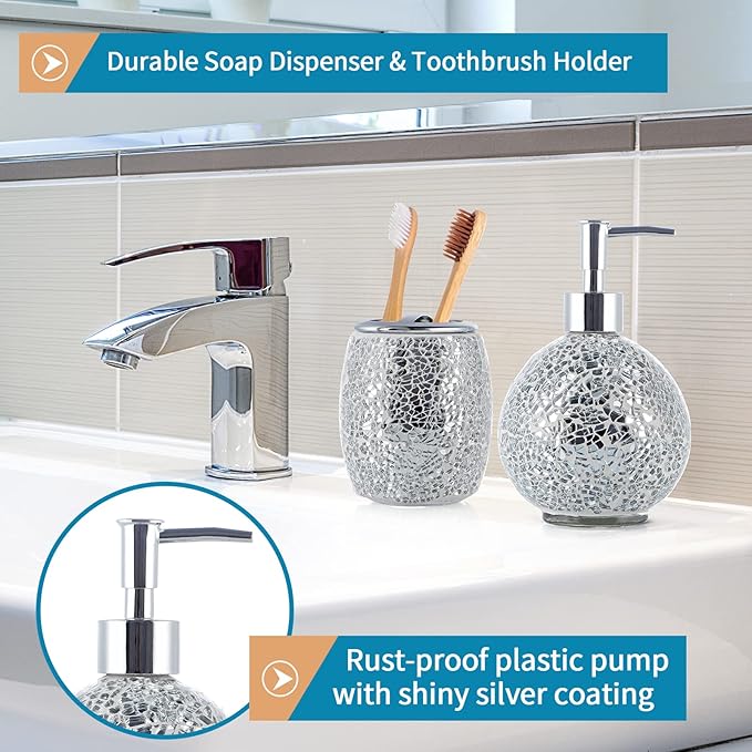Mosaic Glass Bathroom Accessories Set, Modern Luxury Bath Ensemble, Includes Soap Dispenser & Cotton Swab Jar & Toothbrush Holder & Vanity Tray (Shiny Silver)