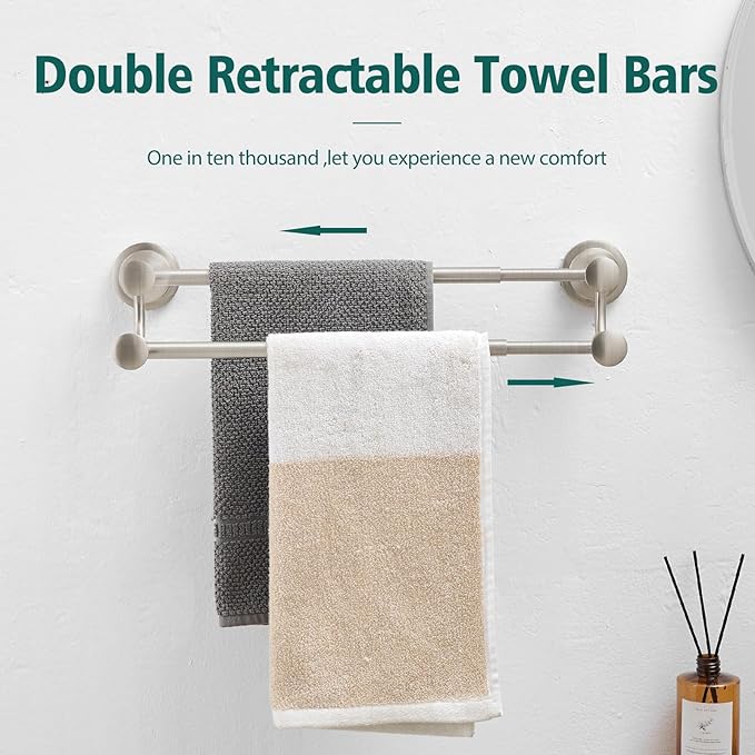 Hoimpro Adjustable Retractable 15-27 Inches Stainless Steel Bathroom Towel Bar, Bathroom Accessories Bath Hotel Double Towel Bar Rod Hanger Wall Mounted Towel Holder Towel Rack, Brushed Nickel