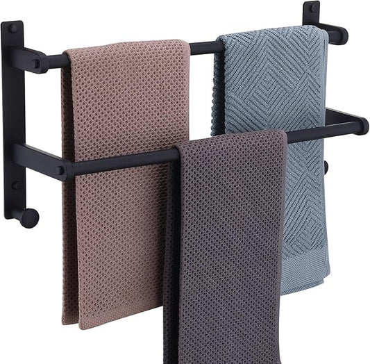 18-Inch Double Towel Rack with Hooks - Space Saving Towel Hanger, Matte Black Stainless Steel Towel bar for Bathroom Wall